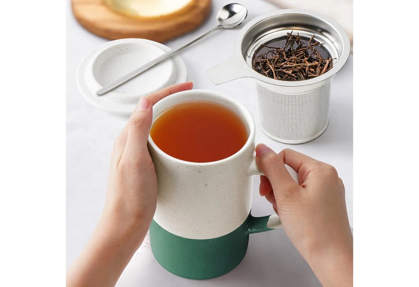 MiaMio Teetassen-Set 2-tlg. Dunkelgrün Keramik mit Sieb & Deckel - Bild 3