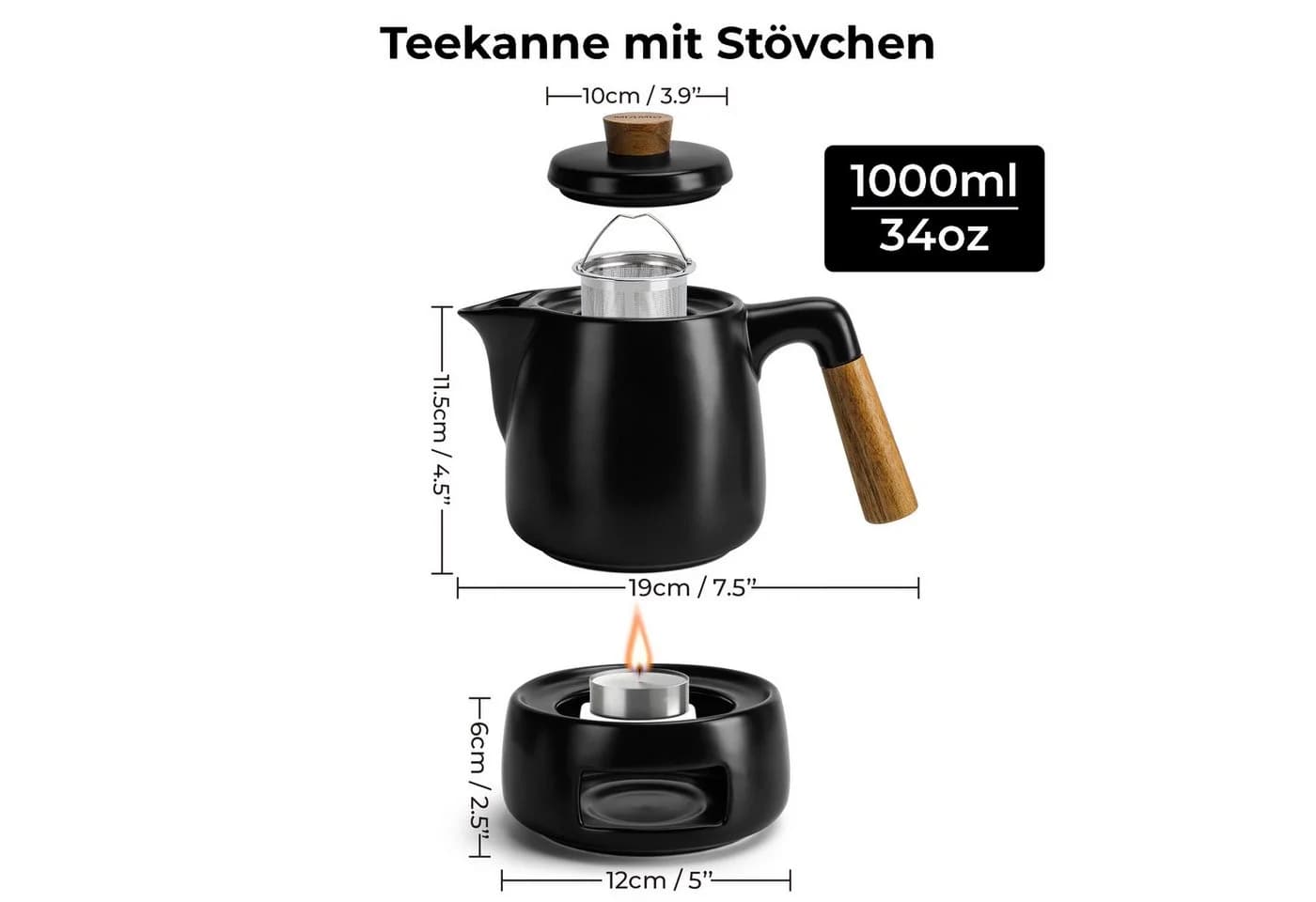 MiaMio Teeservice Teekanne 1l Schwarz mit Stövchen und Siebeinsatz