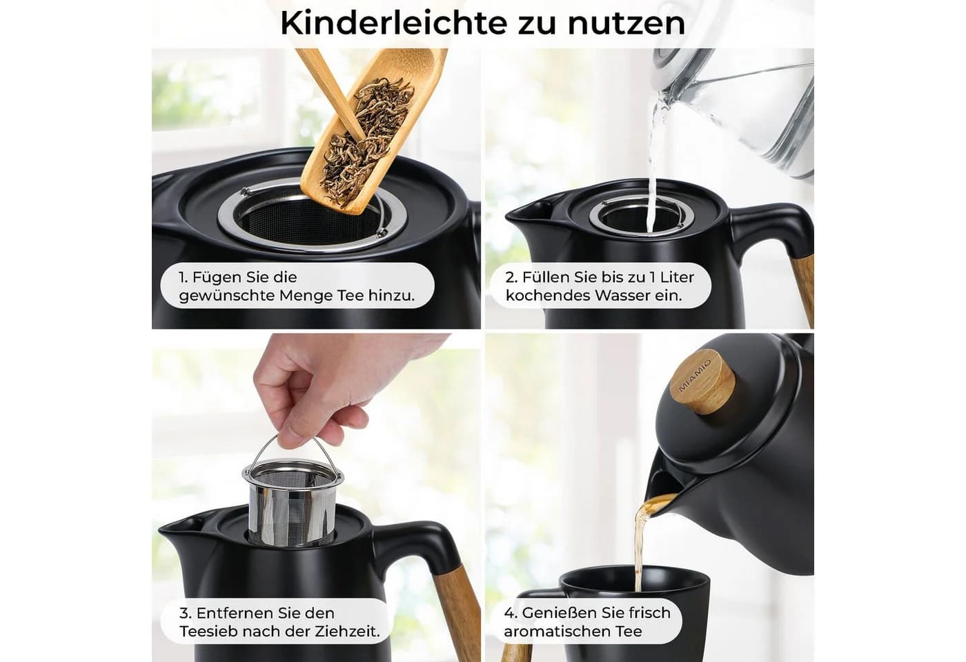 MiaMio Teeservice Teekanne 1l Schwarz mit Stövchen und Siebeinsatz - Bild 4