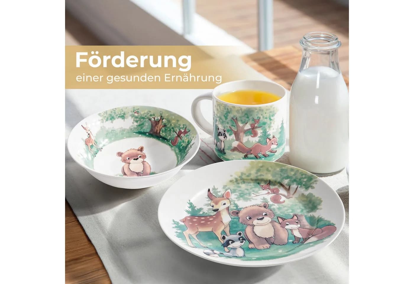 MiaMio Kindergeschirr-Set Wald Motiv Grün 3-tlg Keramik