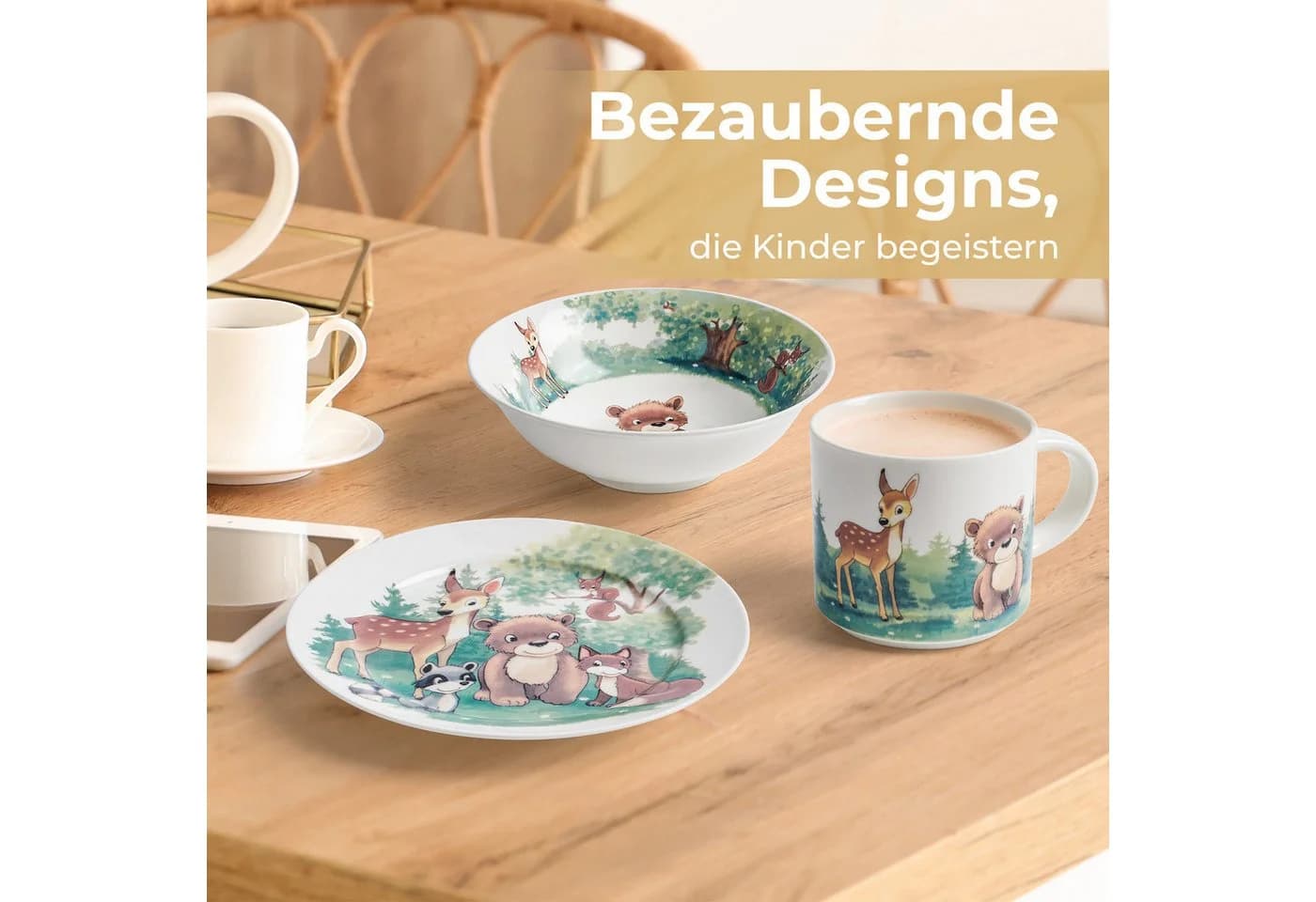MiaMio Kindergeschirr-Set Wald Motiv Grün 3-tlg Keramik - Bild 2