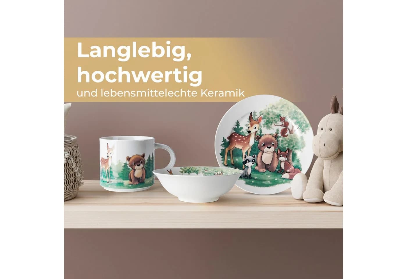 MiaMio Kindergeschirr-Set Wald Motiv Grün 3-tlg Keramik - Bild 3