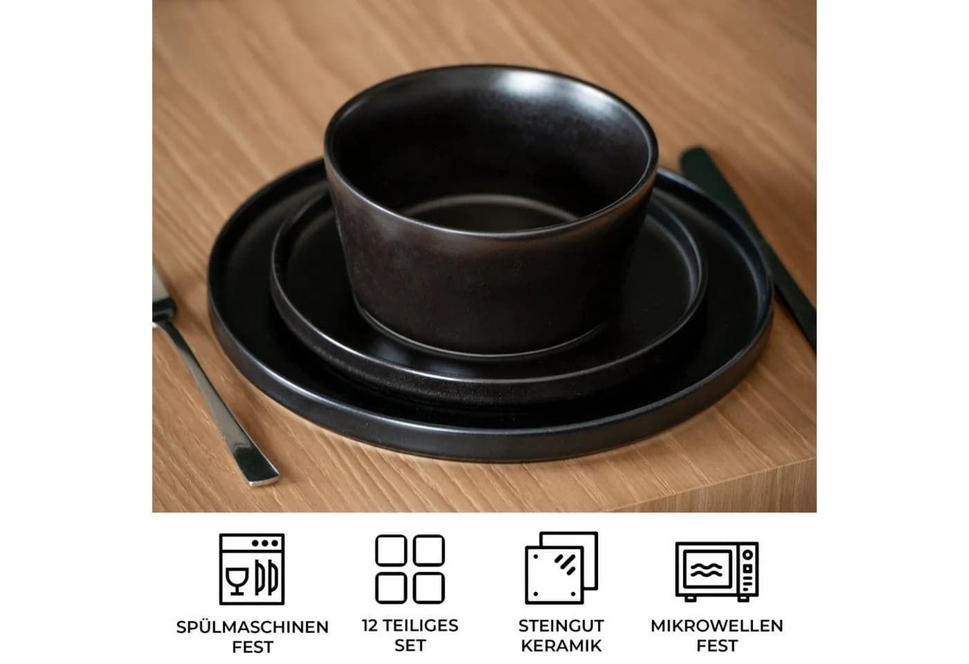 MiaMio Geschirr-Set Luxe Tafelservice 12-teilig Schwarz Keramik - Bild 5