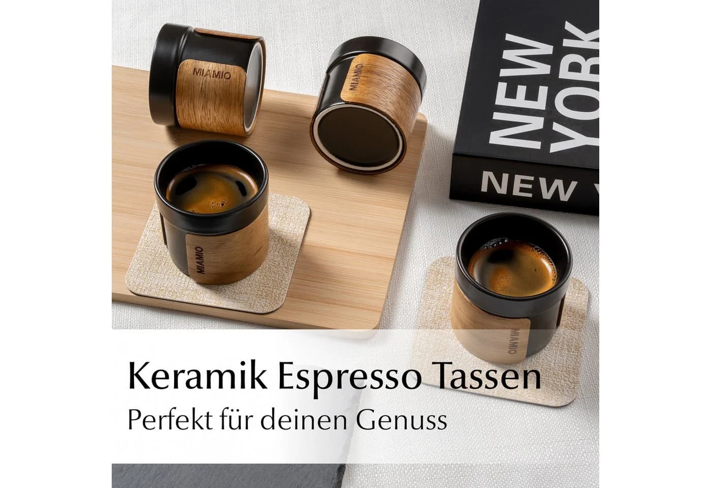 MiaMio Espressotasse ohne Henkel mit Holzmanschette Schwarz 4-tlg. Keramik