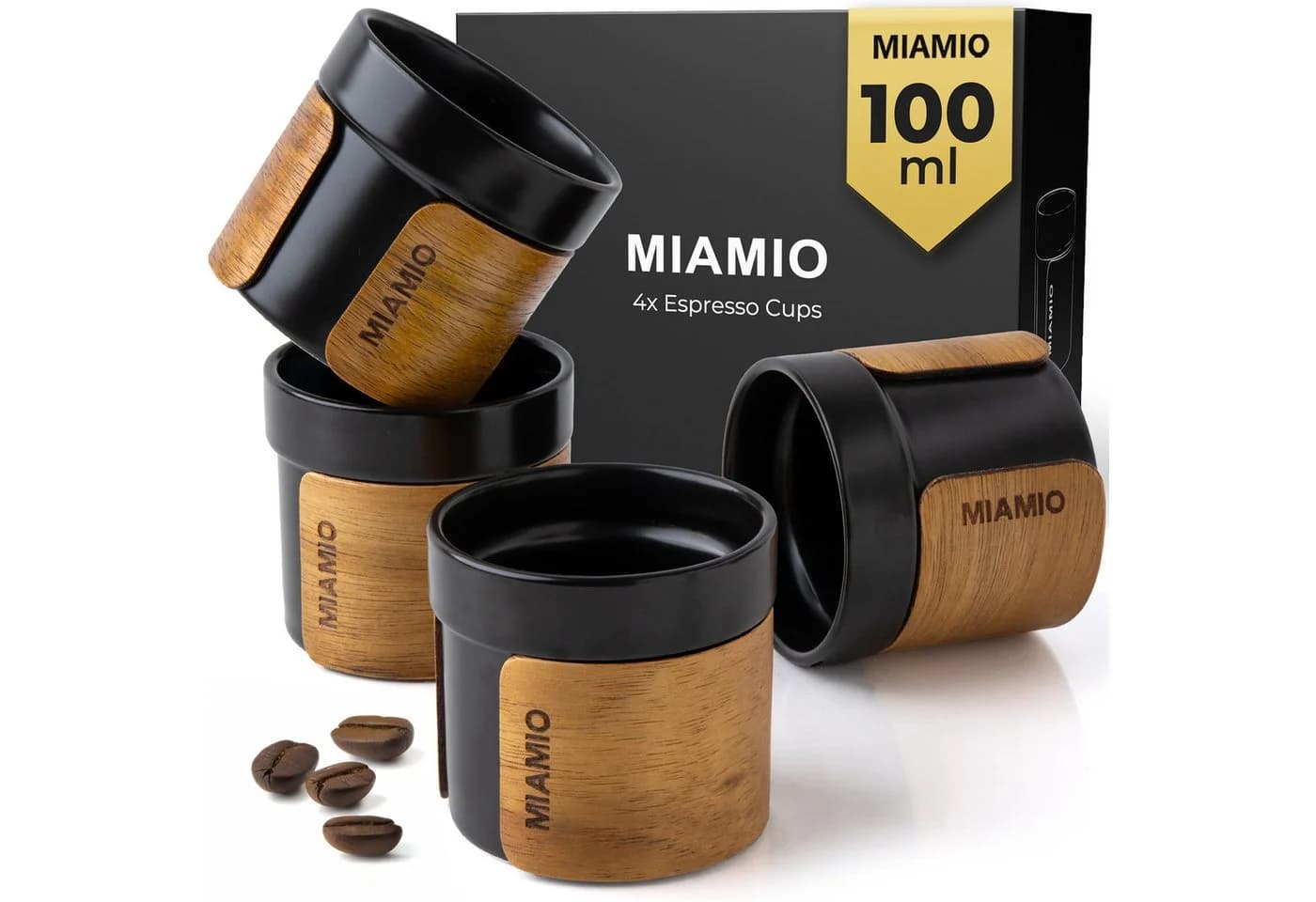 MiaMio Espressotasse ohne Henkel mit Holzmanschette Schwarz 4-tlg. Keramik - Bild 2