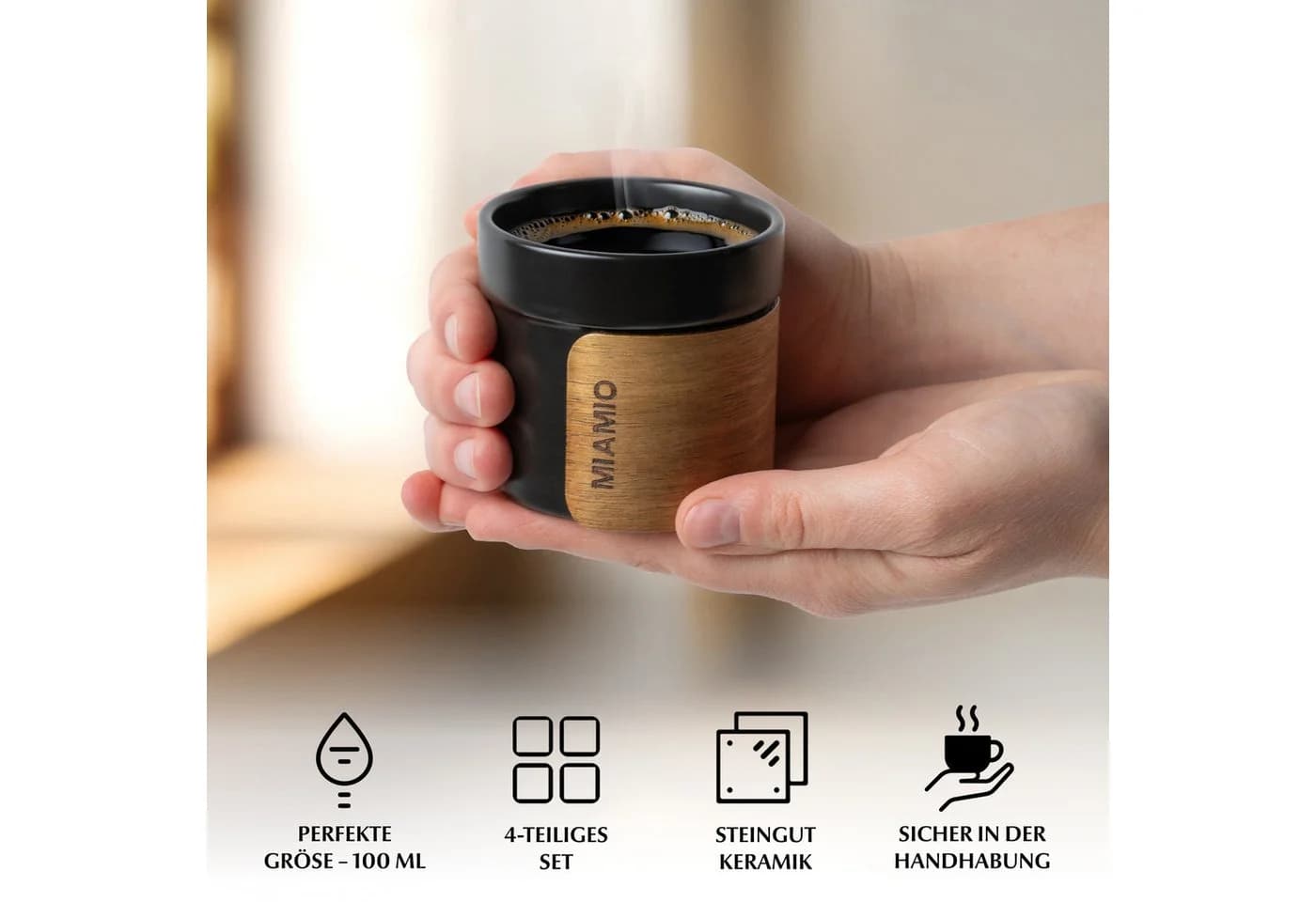 MiaMio Espressotasse ohne Henkel mit Holzmanschette Schwarz 4-tlg. Keramik - Bild 5