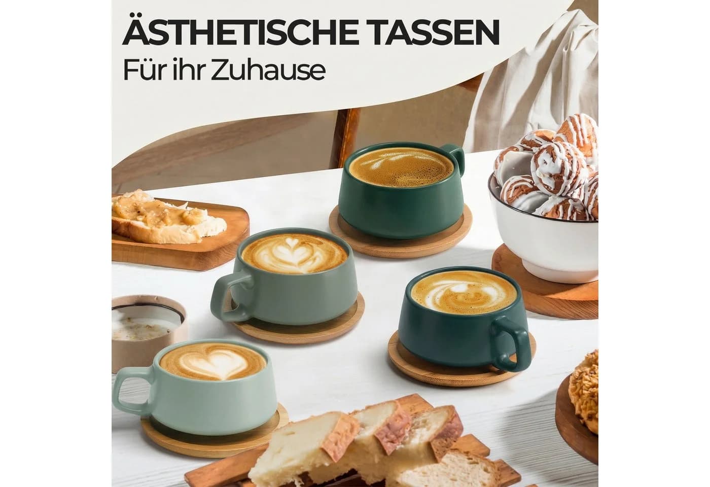 MiaMio Cappuccinotasse Luxe 4-tlg. Keramik Grün mit Holzuntersetzern