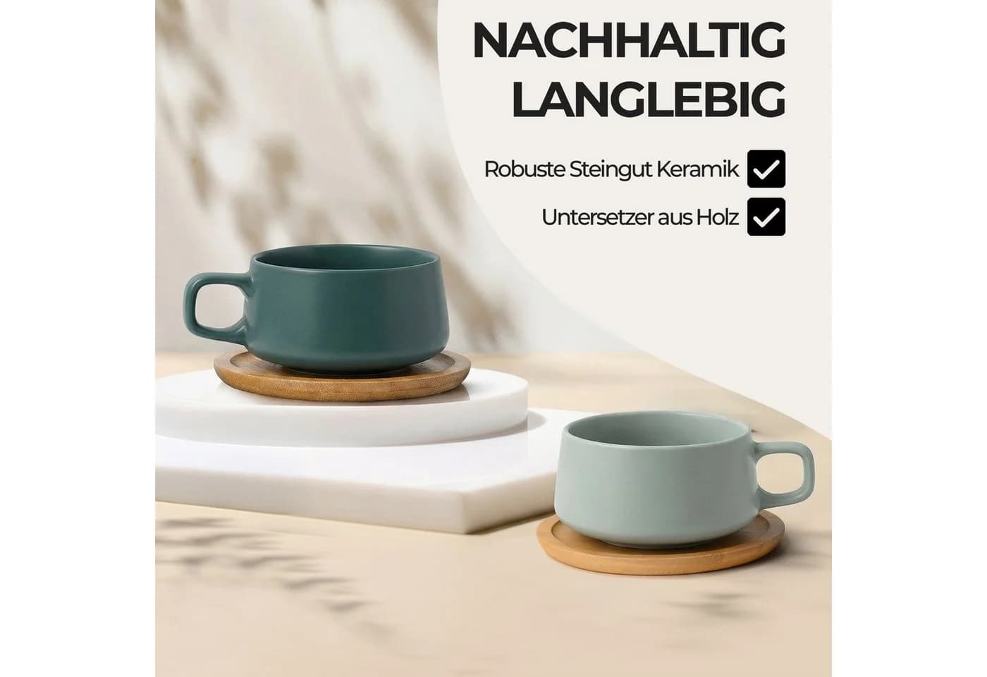 MiaMio Cappuccinotasse Luxe 4-tlg. Keramik Grün mit Holzuntersetzern - Bild 2