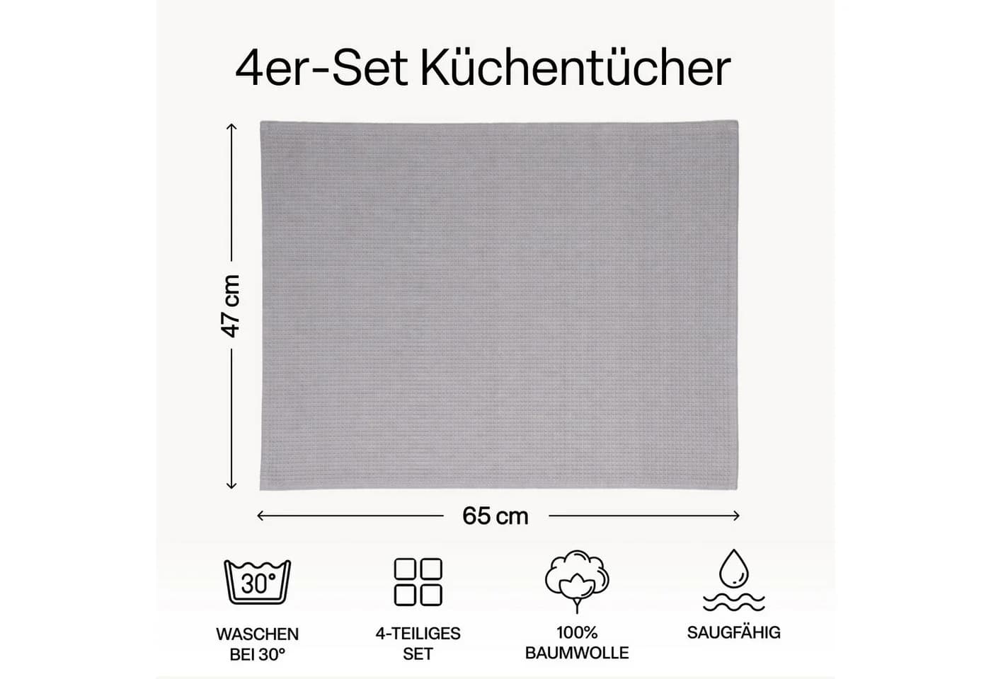 MiaMio Geschirrtuch 4er Set Baumwolle Grau Waffelstruktur - Bild 3