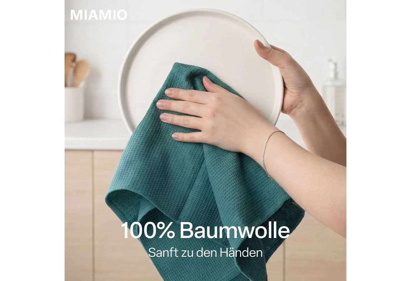 MiaMio Geschirrtuch 4er Set Baumwolle Dunkelgrün Waffelstruktur