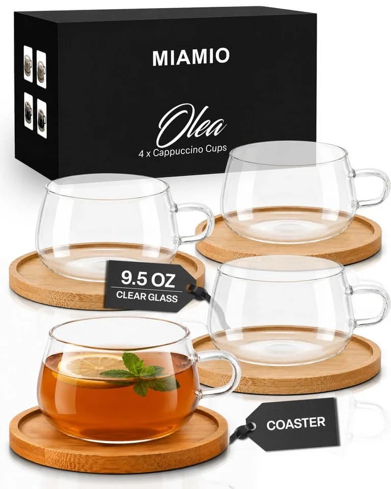 MiaMio Cappuccinotasse Olea 280ml 4-tlg. Glas mit Bambus-Untersetzer - Bild 2