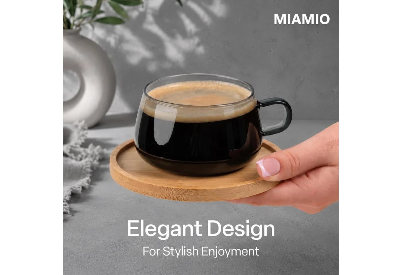 MiaMio Cappuccinotasse Olea 4-tlg. Glas grau mit Bambus-Untersetzer