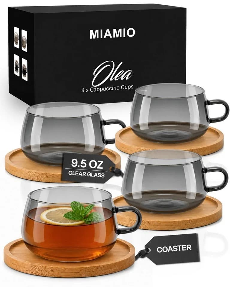 MiaMio Cappuccinotasse Olea 4-tlg. Glas grau mit Bambus-Untersetzer - Bild 2
