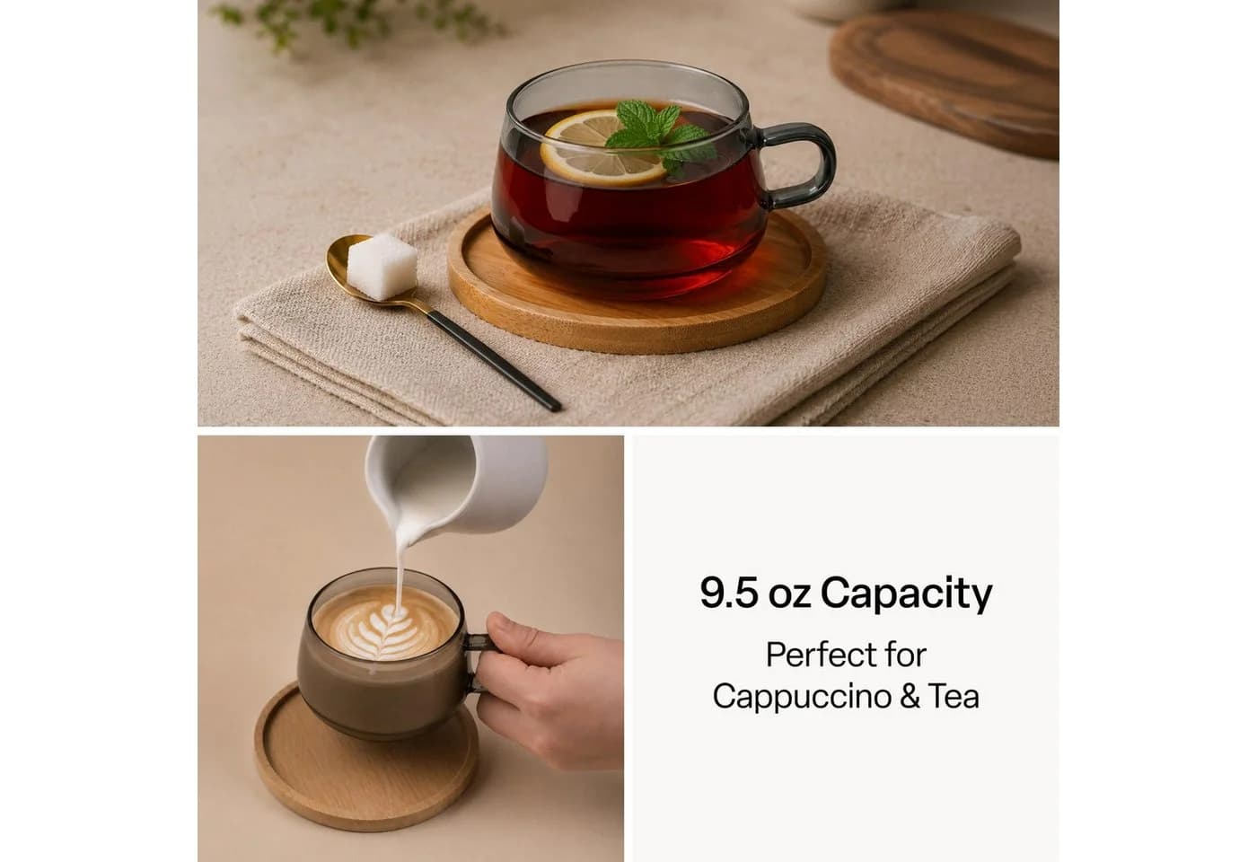 MiaMio Cappuccinotasse Olea 4-tlg. Glas grau mit Bambus-Untersetzer - Bild 5