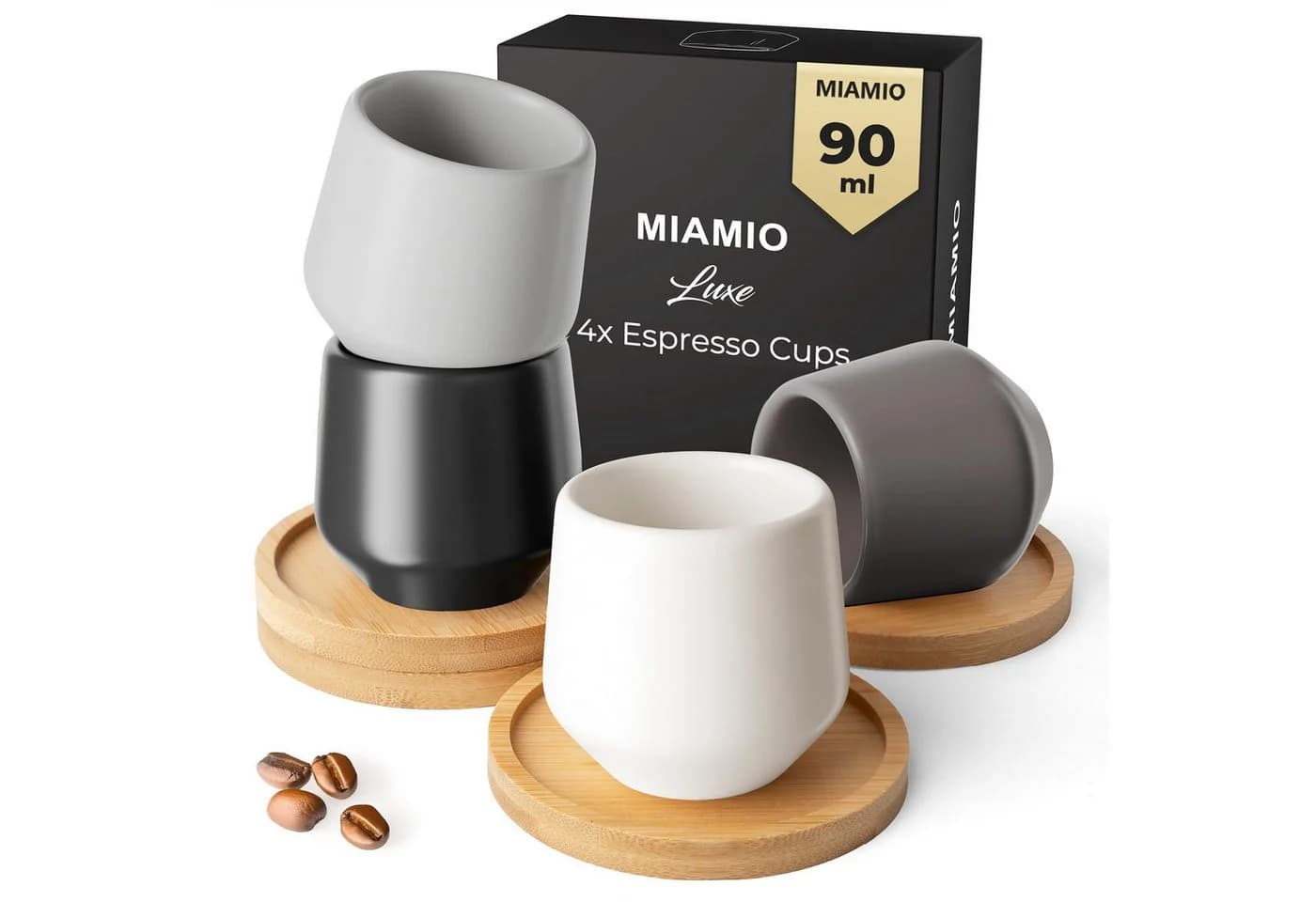 MiaMio Espressotasse Luxe 4-tlg. Grau Keramik ohne Henkel mit Holz-Untersetzern - Bild 2