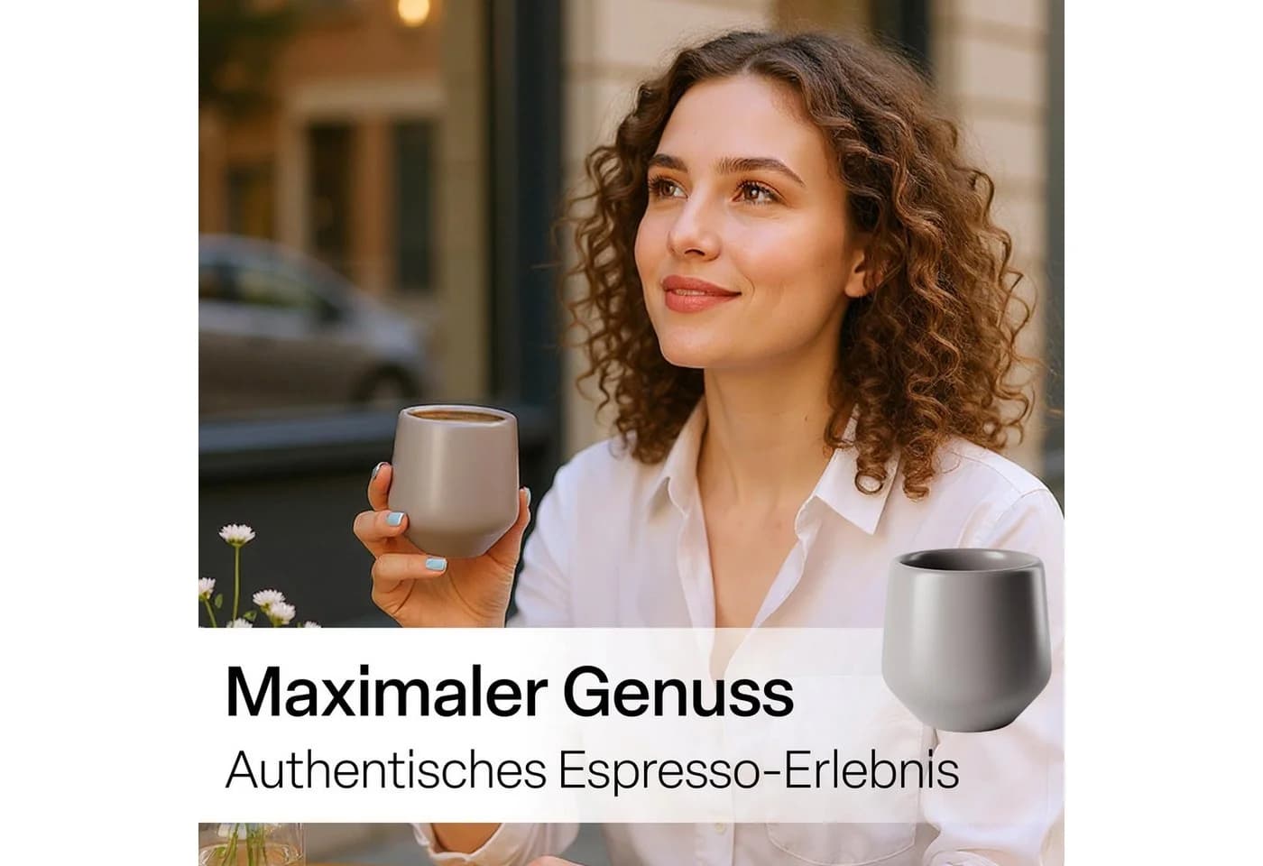 MiaMio Espressotasse Luxe 4-tlg. Grau Keramik ohne Henkel mit Holz-Untersetzern - Bild 4