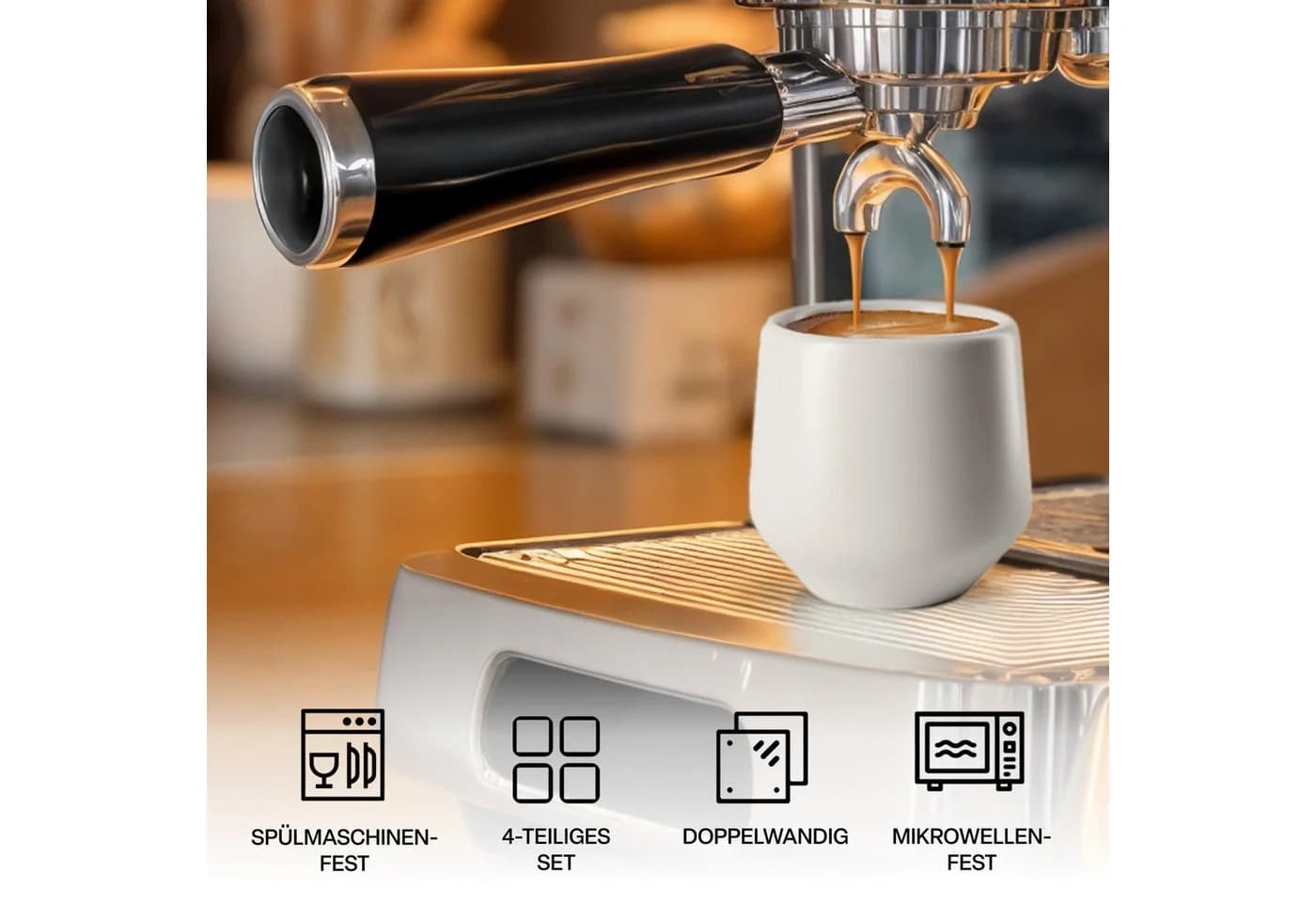 MiaMio Espressotasse Luxe 4-tlg. Grau Keramik ohne Henkel mit Holz-Untersetzern - Bild 5