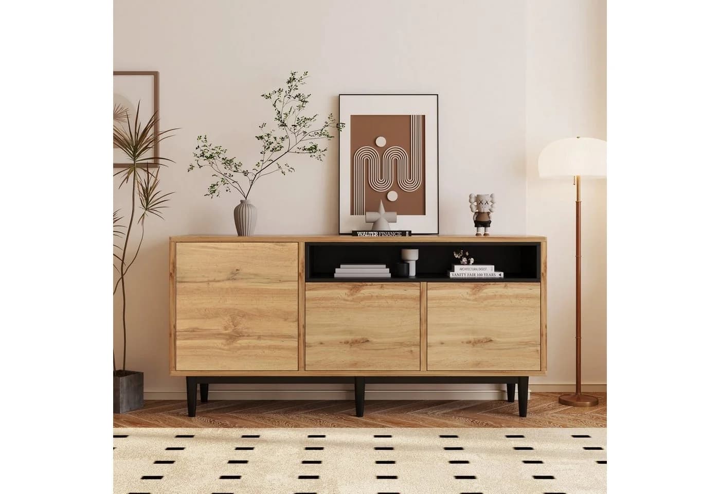 Merax Sideboard Landhausstil Wildeiche mit Metallfüßen 3-türig