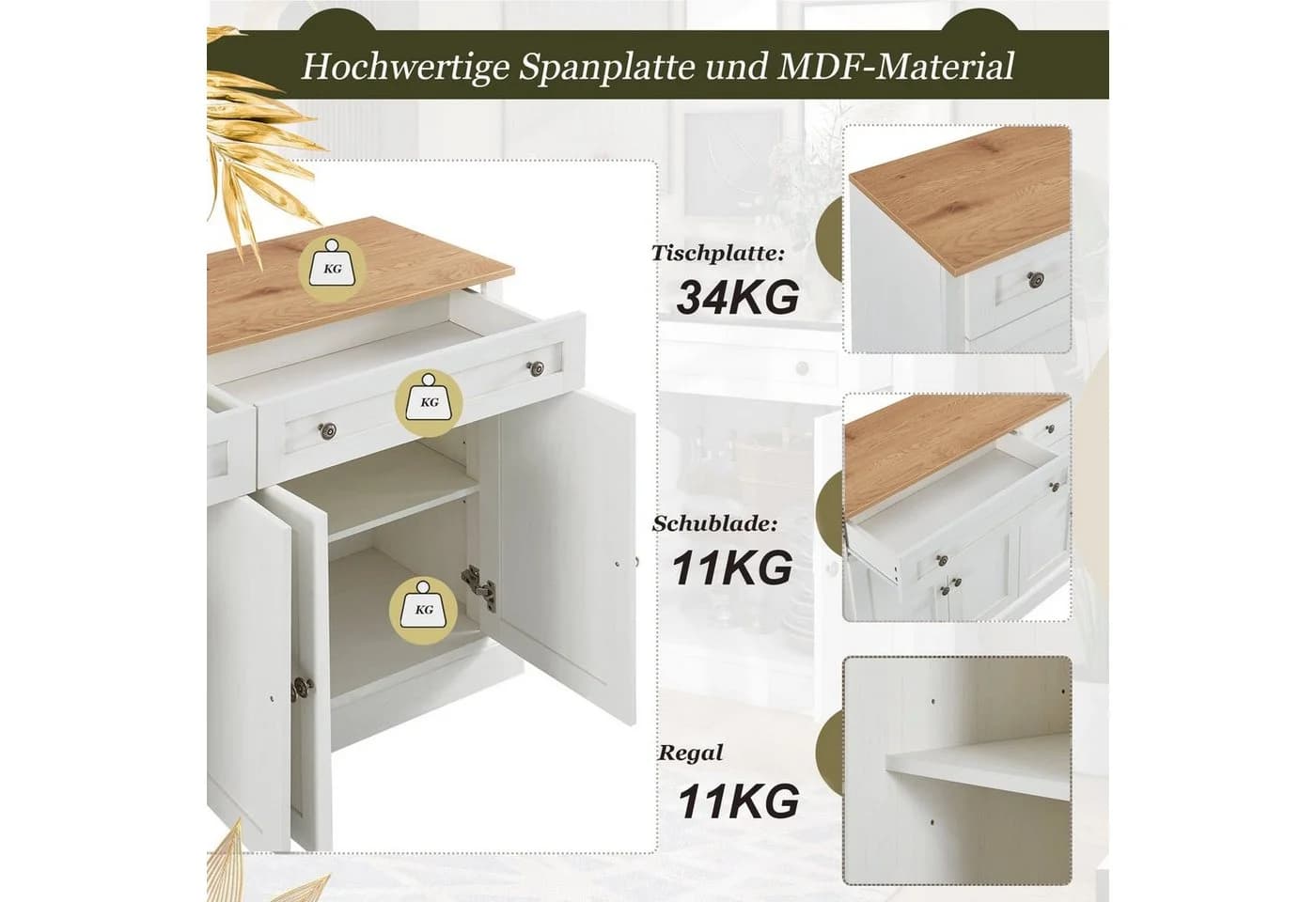 Merax Sideboard Landhausstil Wildeiche Weiß 2 Schubladen 4 Türen - Bild 3