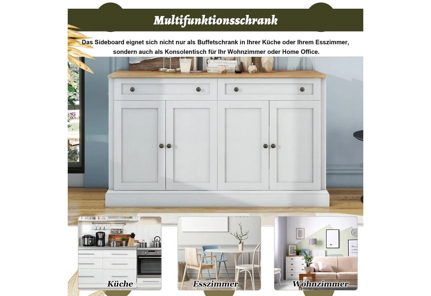 Merax Sideboard Landhausstil Wildeiche Weiß 2 Schubladen 4 Türen - Bild 5