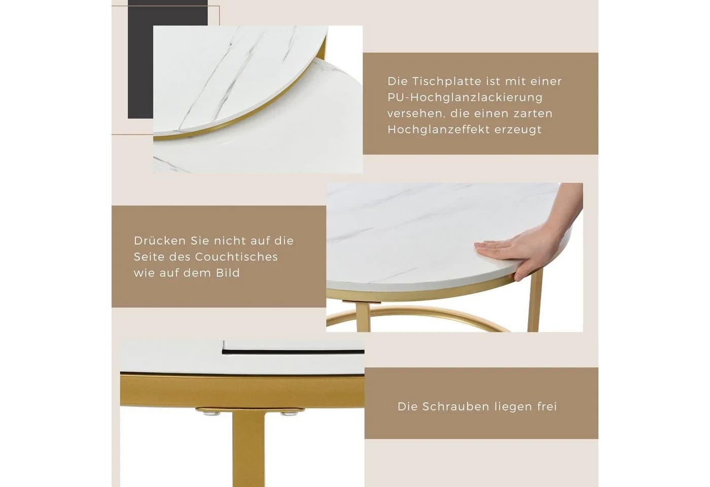 Merax Couchtisch Satztisch rund 2-tlg. Weiß/Gold Marmoroptik - Bild 5