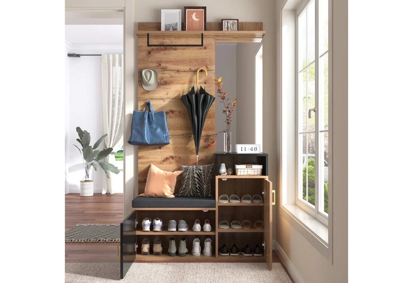 Merax Garderoben-Set Wildeiche Schwarz mit Spiegel und Schuhschrank