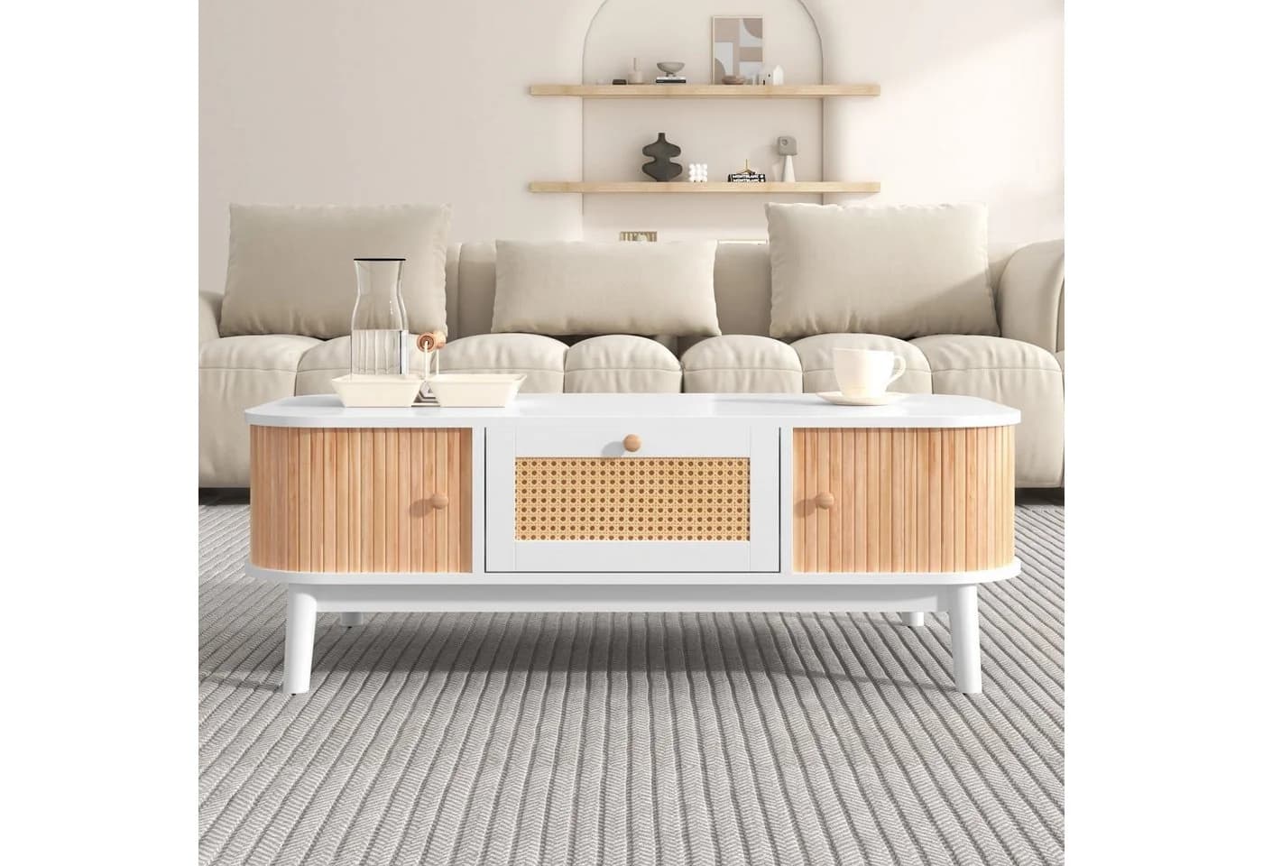 Merax Couchtisch mit Schubladen und Rattan-Geflecht Eiche-Weiß