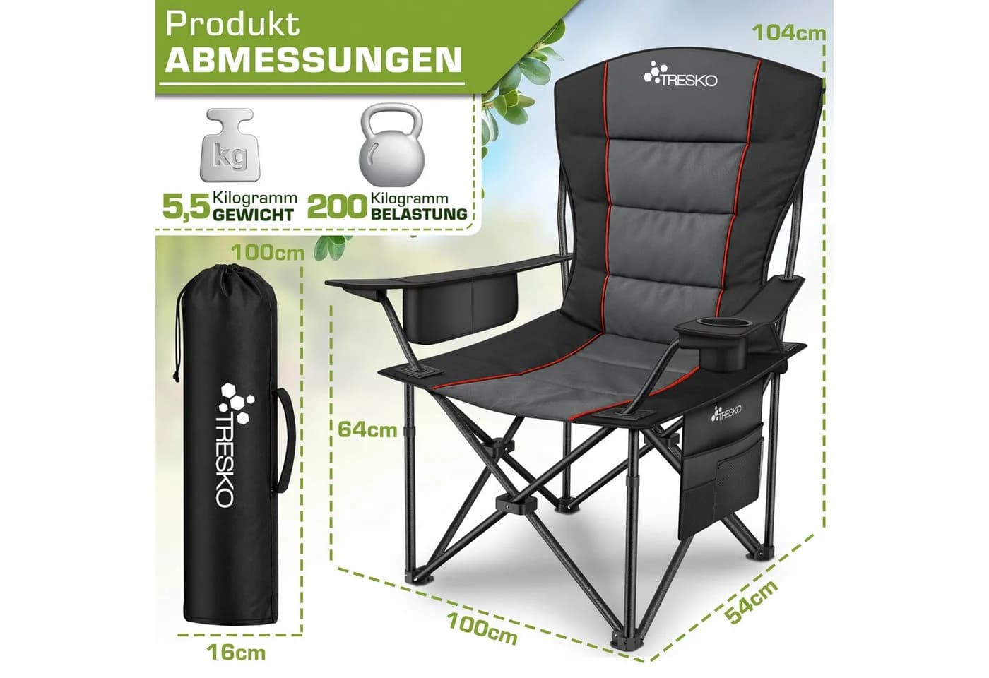TRESKO Campingstuhl Faltbar bis 200kg Grau mit Kühltasche