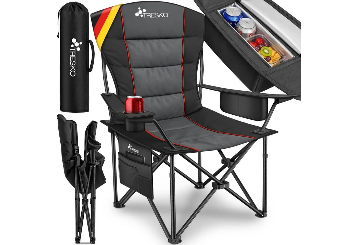 TRESKO Campingstuhl Faltbar bis 200kg Grau mit Kühltasche - Bild 2