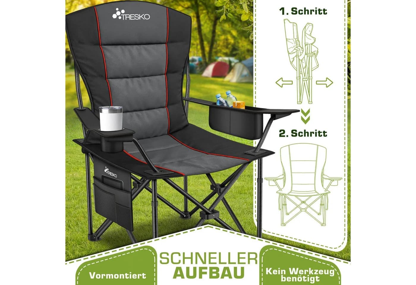 TRESKO Campingstuhl Faltbar bis 200kg Grau mit Kühltasche - Bild 3