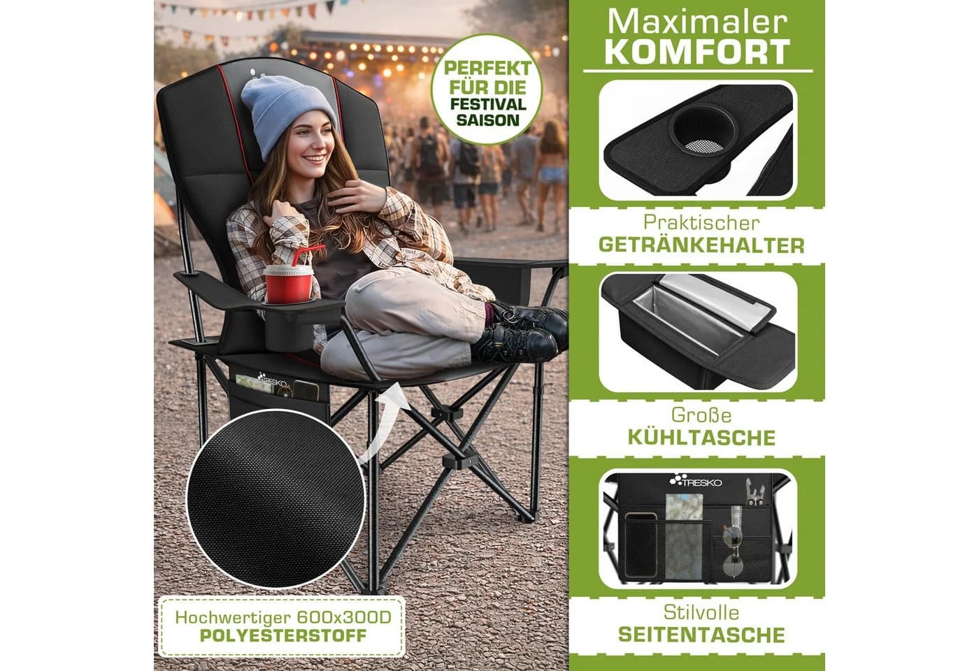TRESKO Campingstuhl Faltbar bis 200kg Grau mit Kühltasche - Bild 5