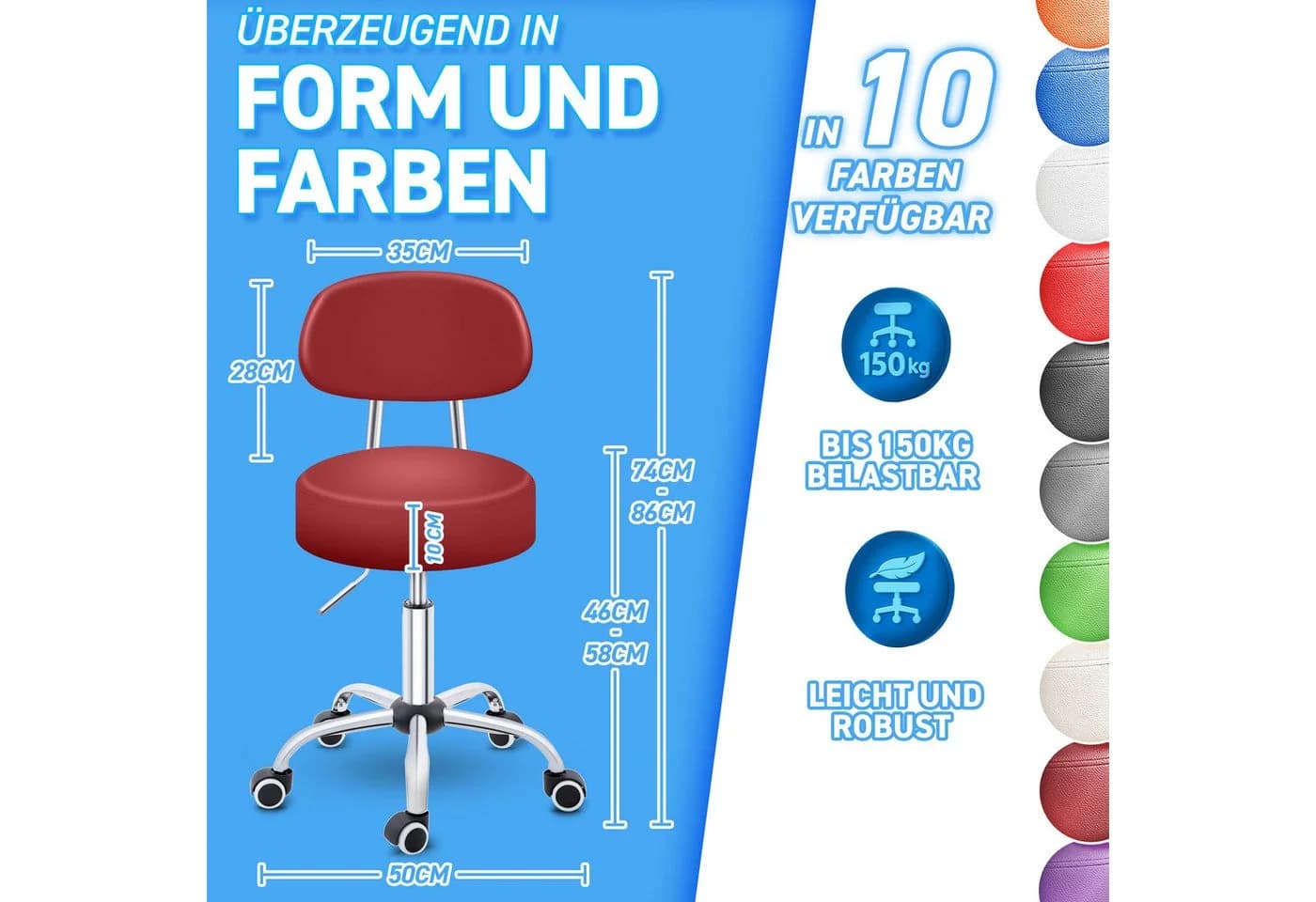 TRESKO Drehhocker Rollhocker mit Lehne, Arbeitshocker höhenverstellbar 46-58 cm, Bürostuhl mit Rollen