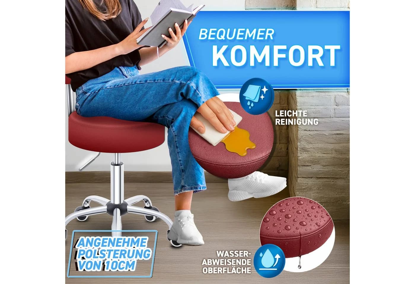 TRESKO Drehhocker Rollhocker mit Lehne, Arbeitshocker höhenverstellbar 46-58 cm, Bürostuhl mit Rollen - Bild 3