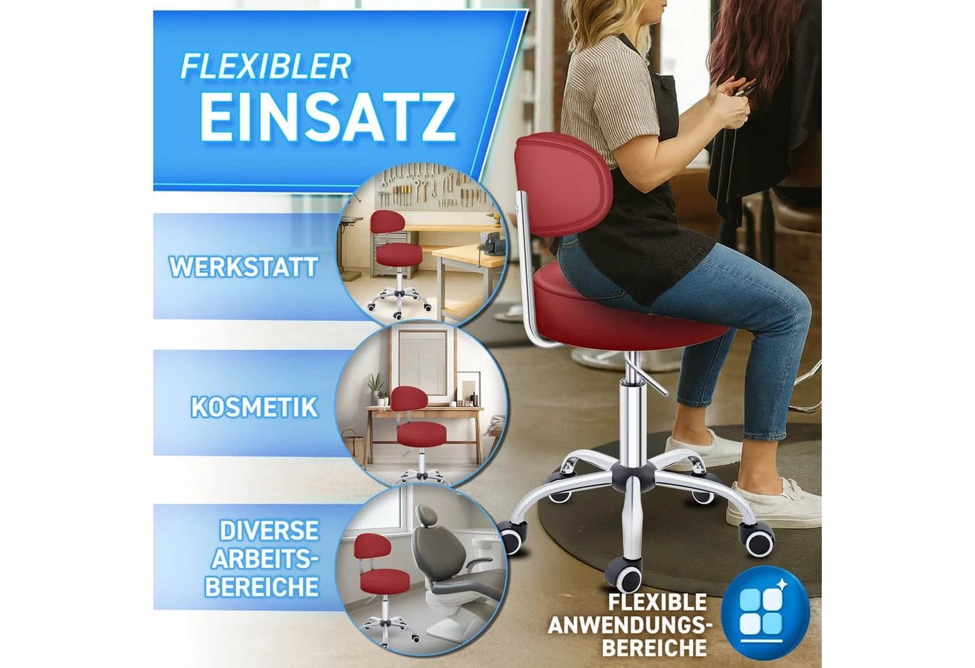TRESKO Drehhocker Rollhocker mit Lehne, Arbeitshocker höhenverstellbar 46-58 cm, Bürostuhl mit Rollen - Bild 4