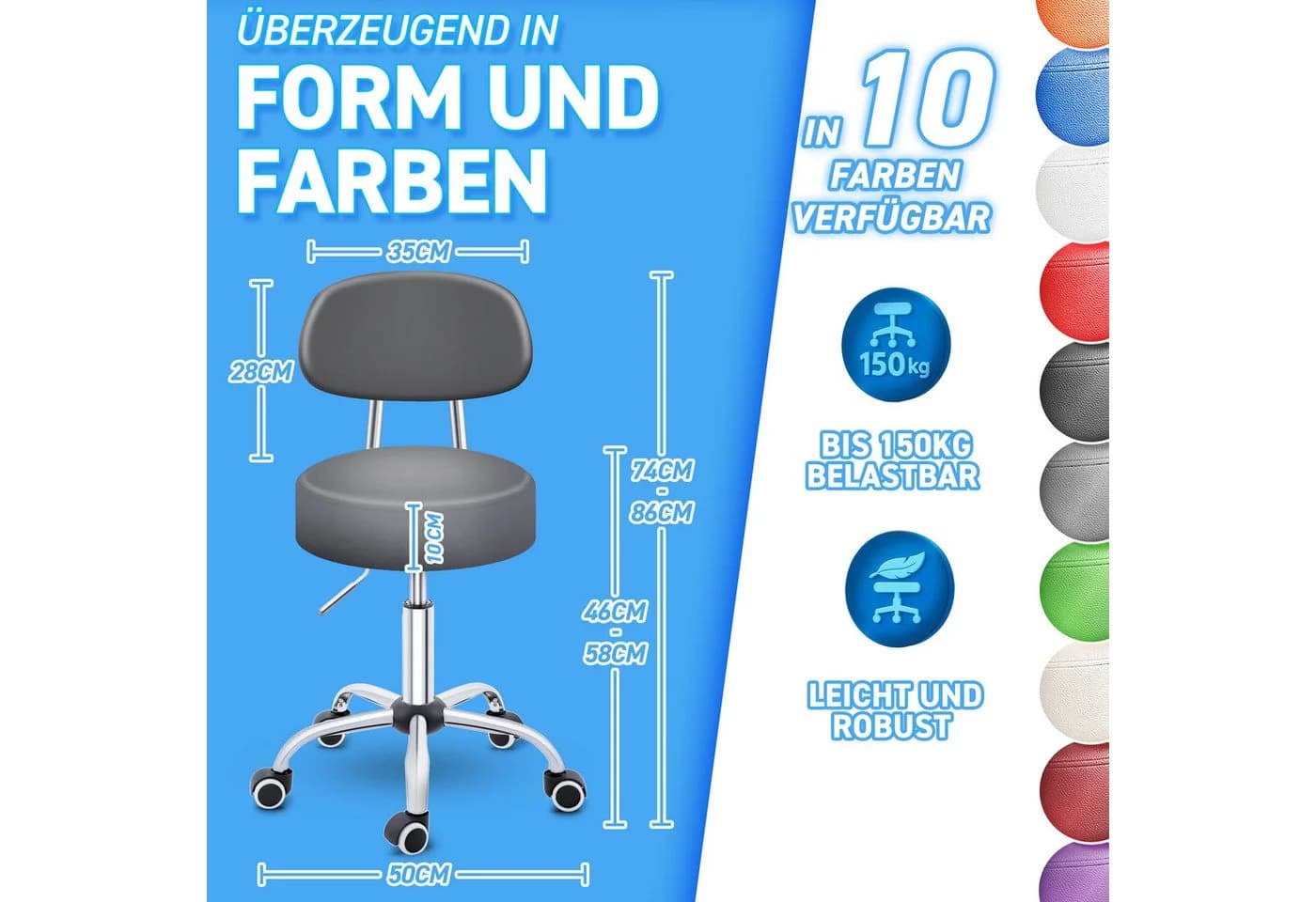 TRESKO Drehhocker mit Lehne Grau höhenverstellbar