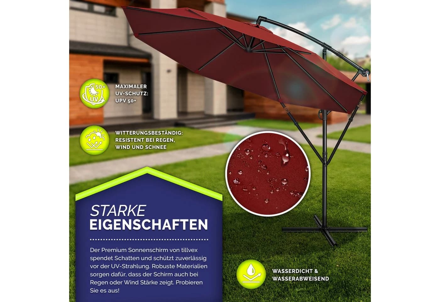 tillvex Sonnenschirm 300 cm Rot Kurbel Ampelschirm mit Ständer