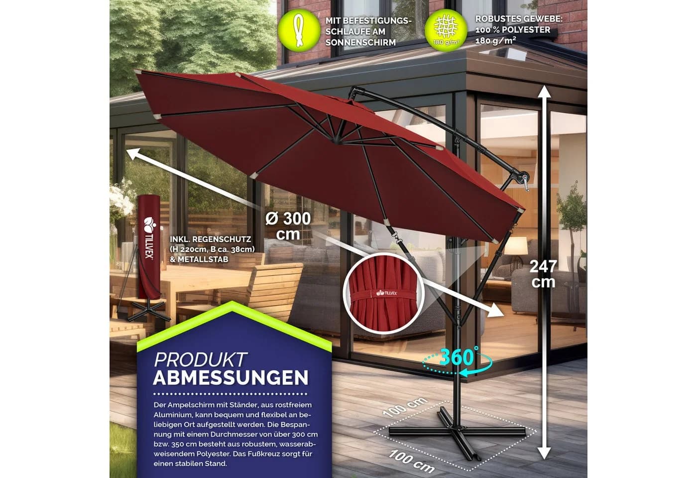 tillvex Sonnenschirm 300 cm Rot Kurbel Ampelschirm mit Ständer - Bild 5