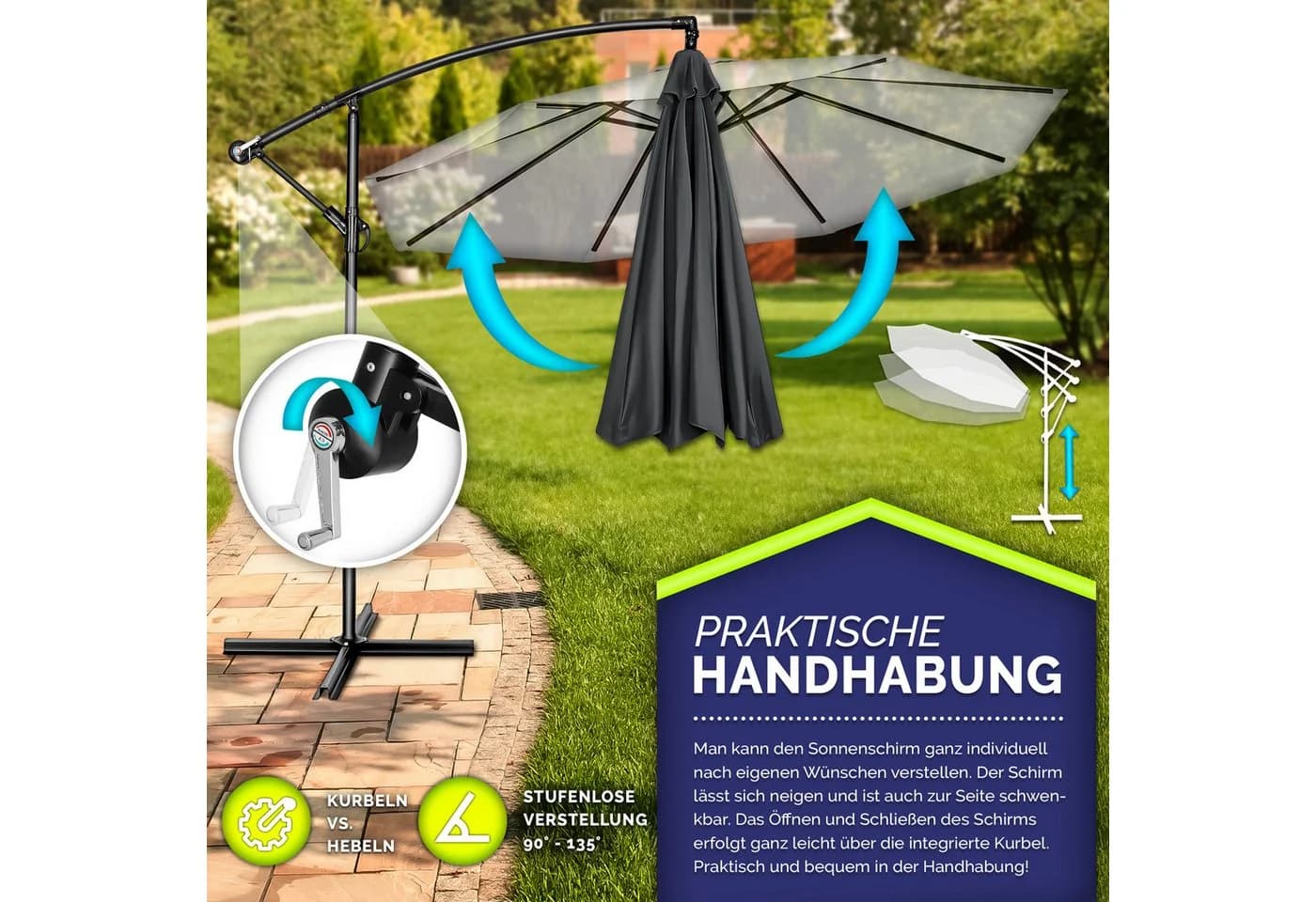 tillvex Sonnenschirm 300 cm Kurbel Ampelschirm Anthrazit Aluminium - Bild 3
