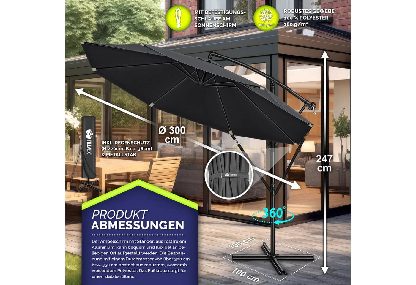 tillvex Sonnenschirm 300 cm Kurbel Ampelschirm Anthrazit Aluminium - Bild 5