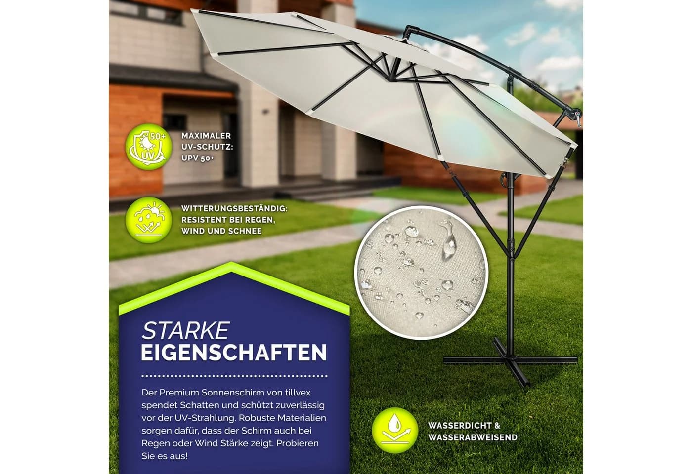 tillvex Sonnenschirm 300 cm Kurbel Ampelschirm Beige Aluminium