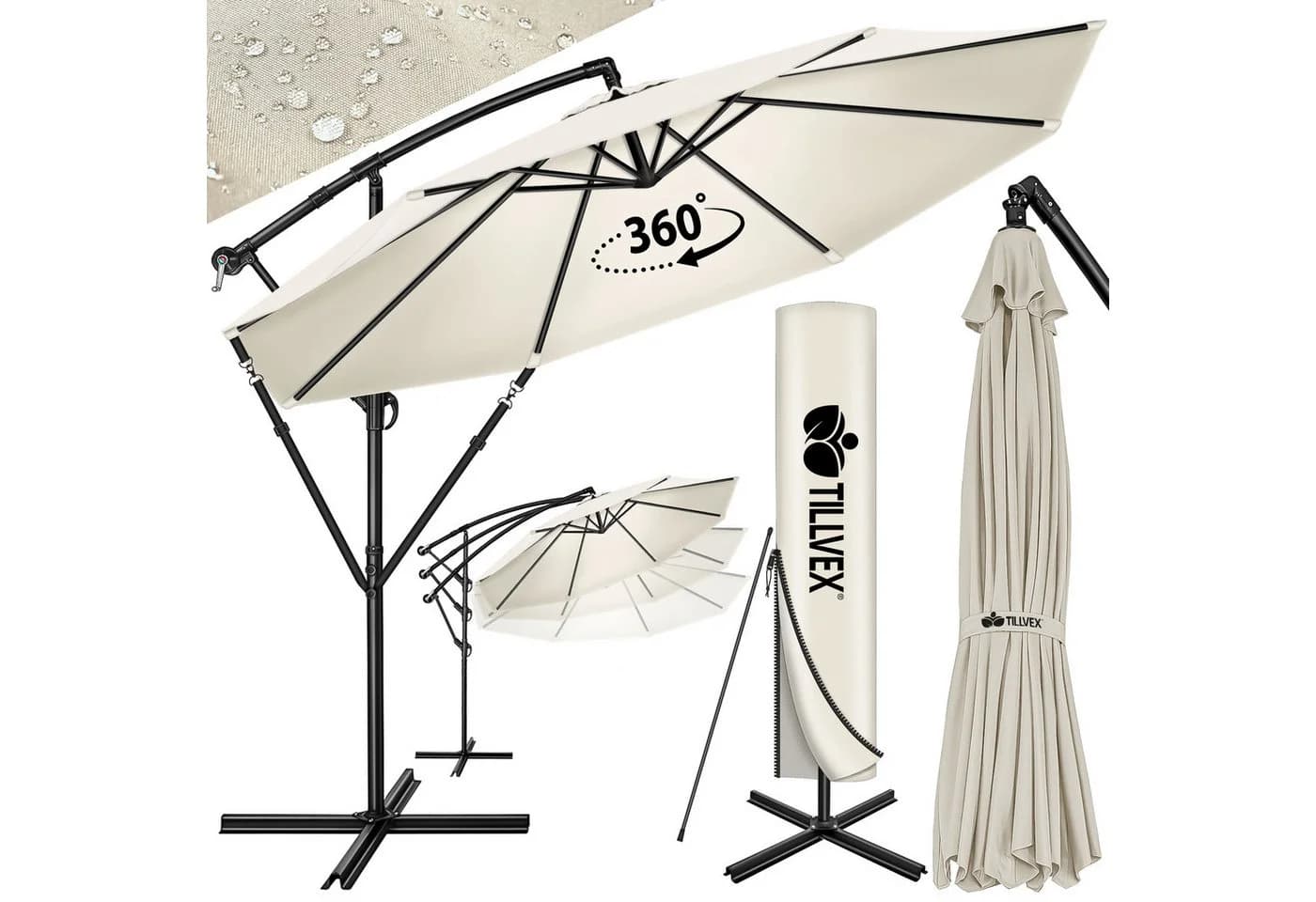 tillvex Sonnenschirm 300 cm Kurbel Ampelschirm Beige Aluminium - Bild 2