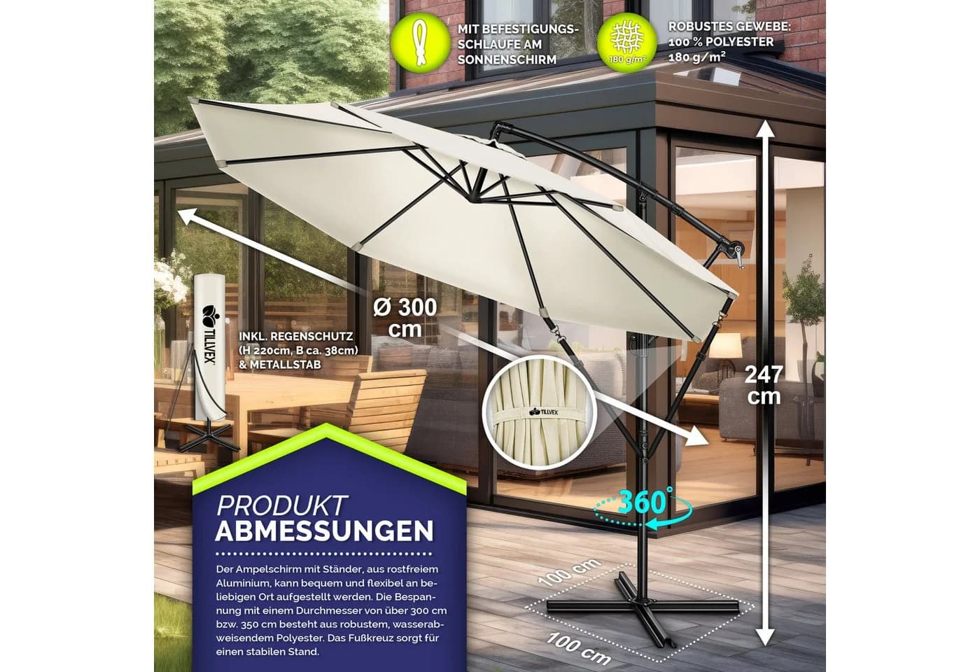 tillvex Sonnenschirm 300 cm Kurbel Ampelschirm Beige Aluminium - Bild 5