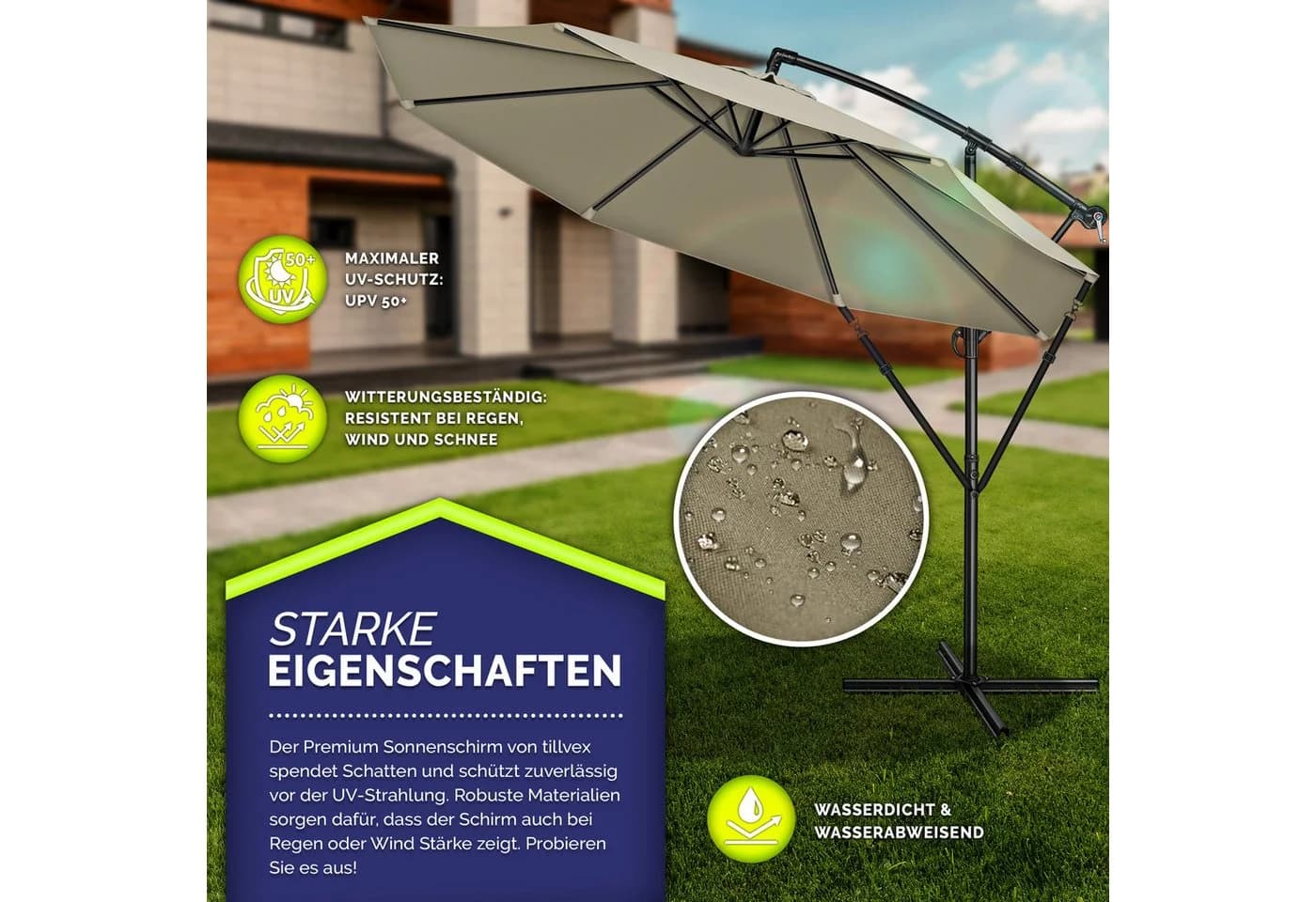tillvex Sonnenschirm 300 cm Braun Kurbel Ampelschirm mit Ständer