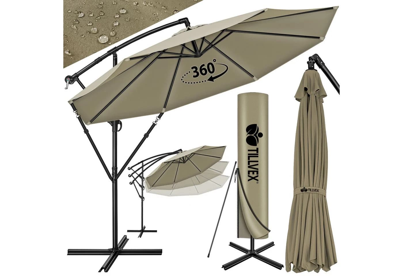 tillvex Sonnenschirm 300 cm Braun Kurbel Ampelschirm mit Ständer - Bild 2