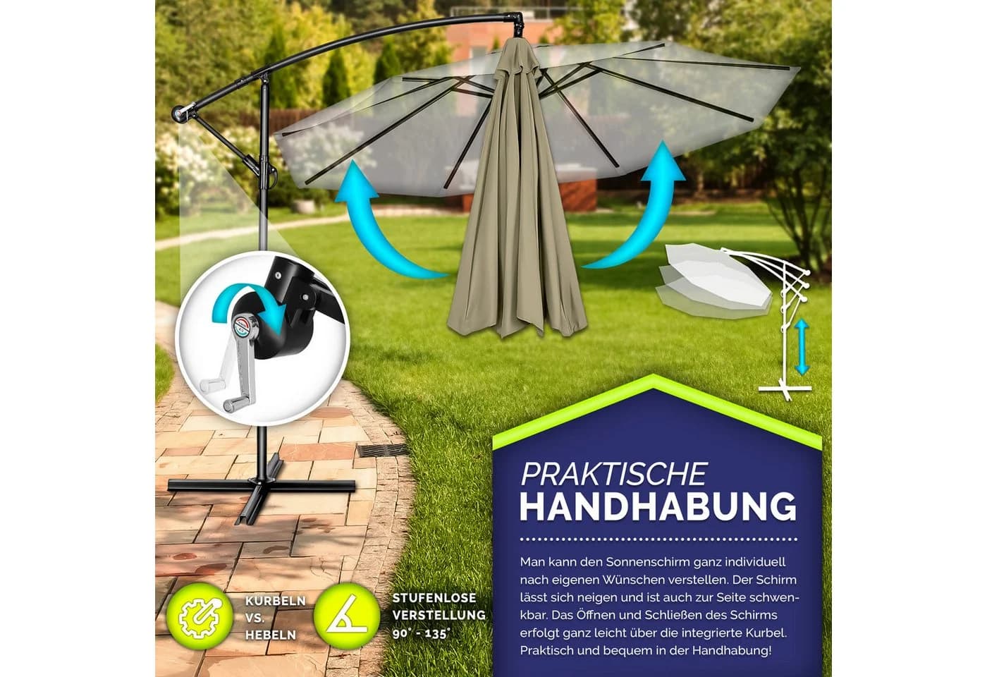 tillvex Sonnenschirm 300 cm Braun Kurbel Ampelschirm mit Ständer - Bild 3