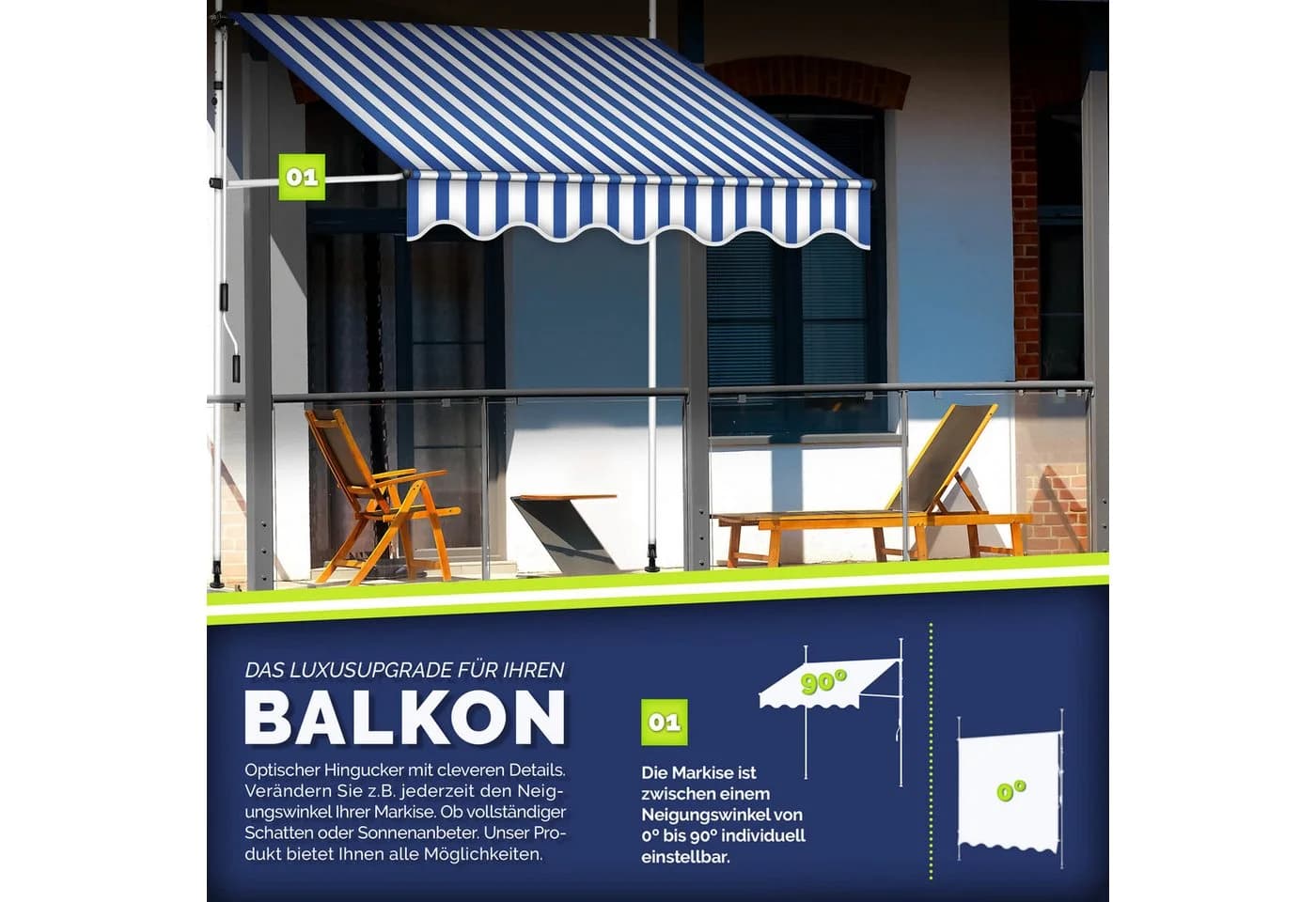 tillvex Klemmmarkise Balkon blau/weiß höhenverstellbar mit Handkurbel - Bild 3