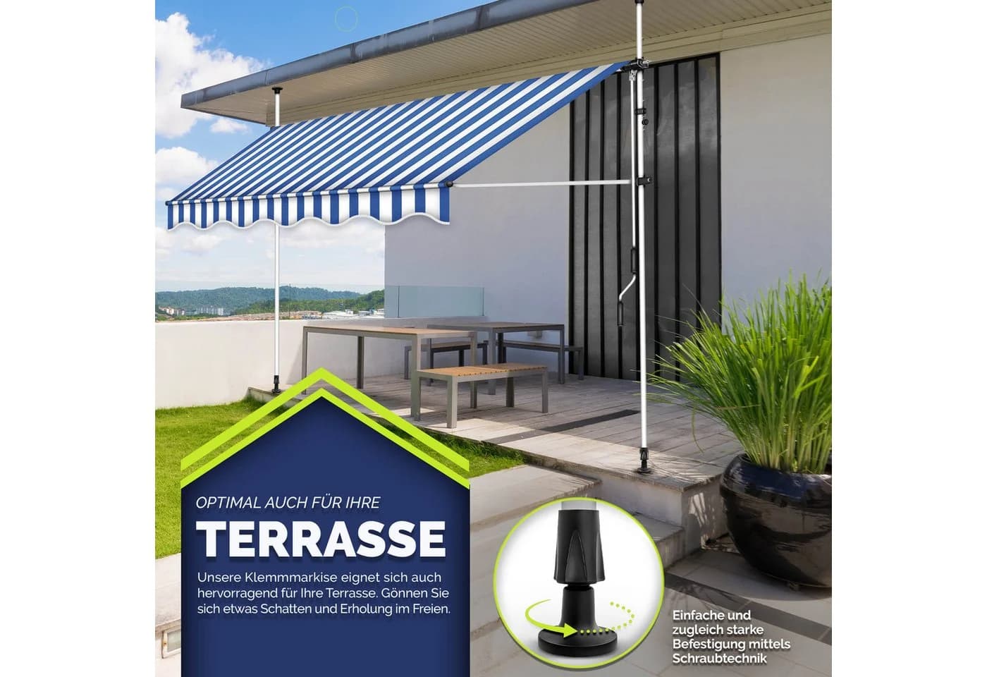 tillvex Klemmmarkise Balkon blau/weiß höhenverstellbar mit Handkurbel - Bild 4