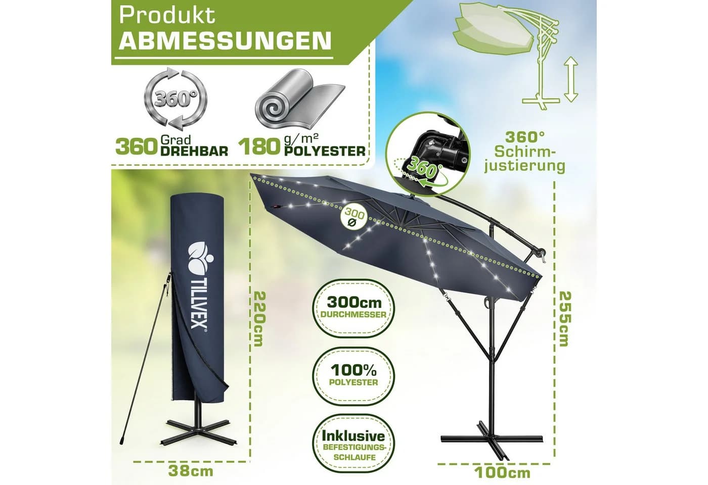 tillvex Sonnenschirm LED Solar 3m Ampelschirm Blau Aluminium