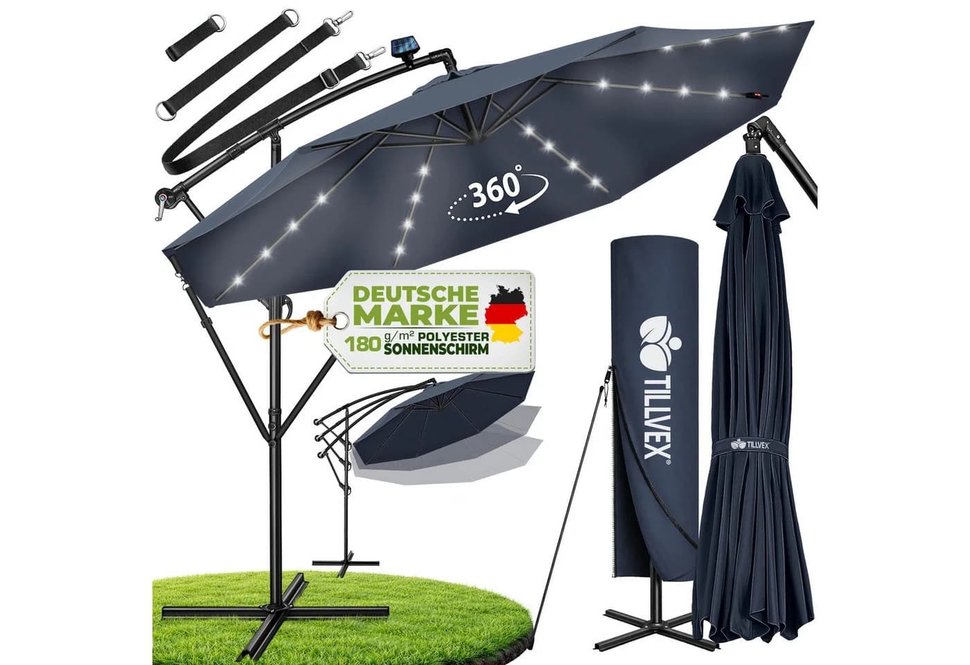 tillvex Sonnenschirm LED Solar 3m Ampelschirm Blau Aluminium - Bild 2