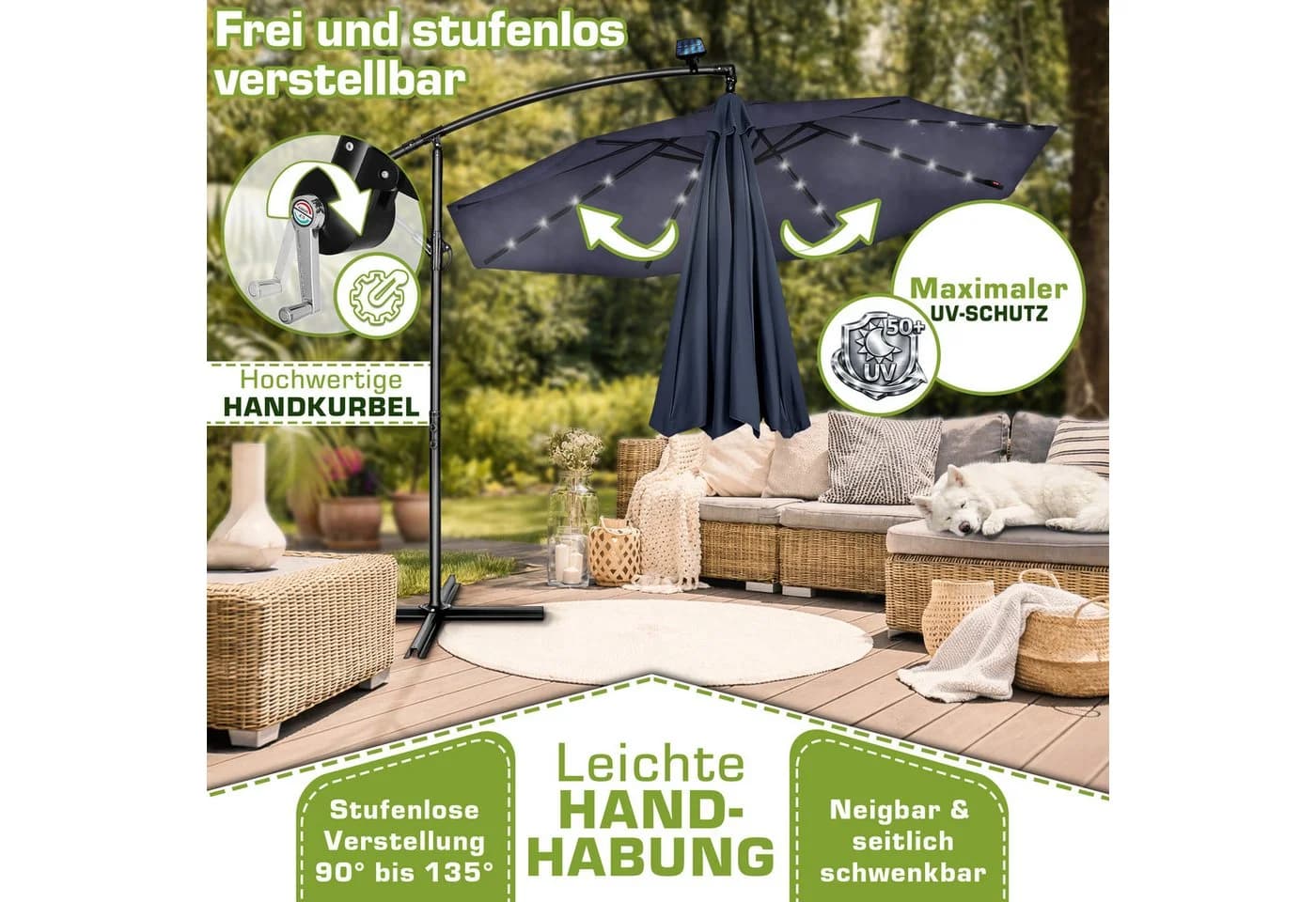 tillvex Sonnenschirm LED Solar 3m Ampelschirm Blau Aluminium - Bild 3